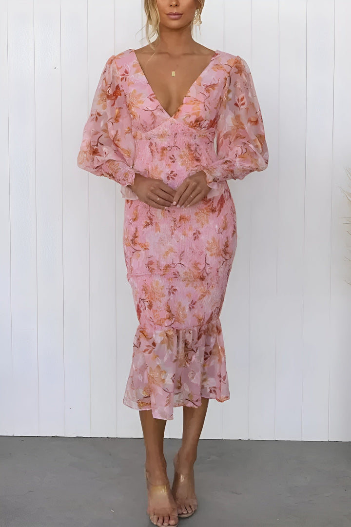 Nayra – Elegantes Kleid Mit V-Ausschnitt Und Blumenmuster