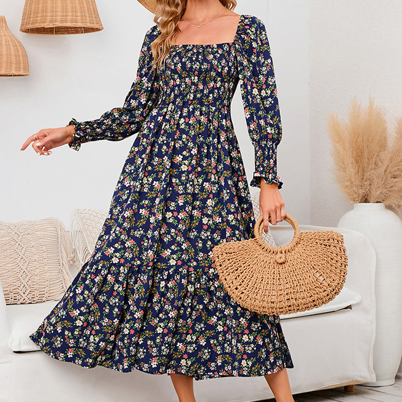 Vasilya - Elegantes Kleid mit Ausgestellten Ärmeln und Floralem Muster