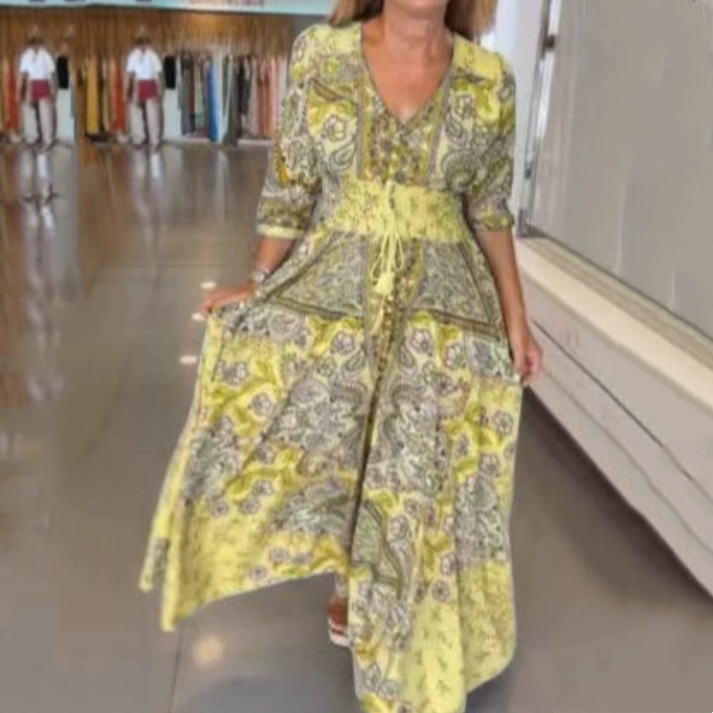 Aliye – Elegant Blumig Kordelzug Langes Kleid